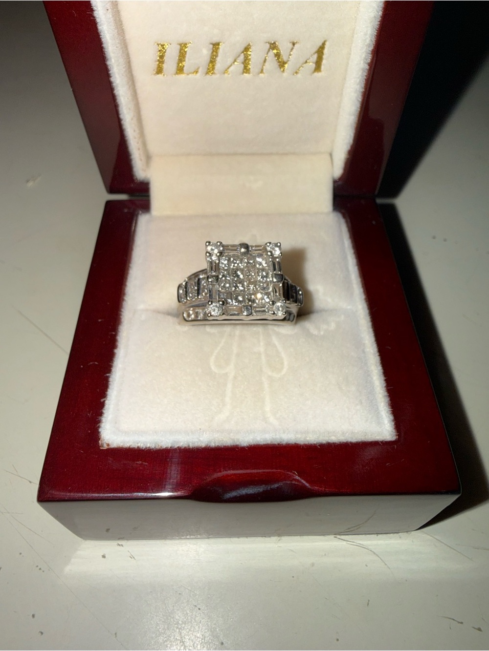 14k White Gold Ring Diamond Cluster With Baguettes Emerald Cut - White - Picture 2 of 10